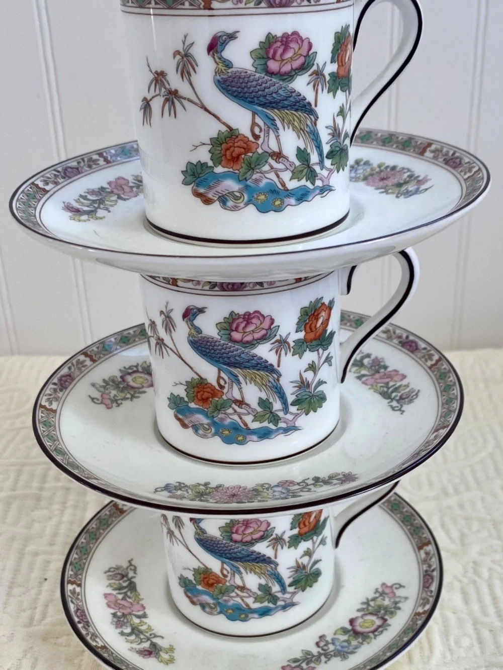 Wedgwood Bone China Coffee Cups. English Kutani Crane Espresso Set of 3. New.